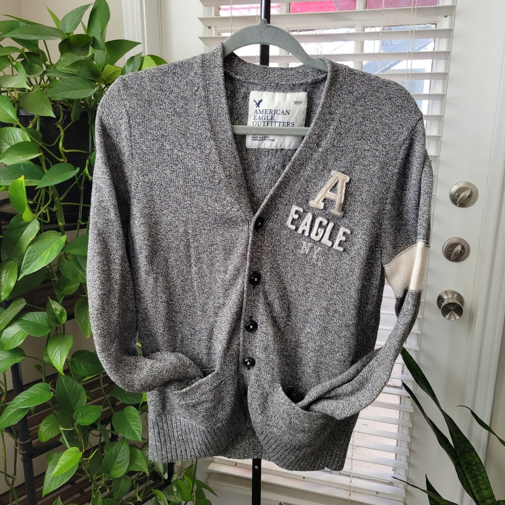 American Eagle Men Gray Cotton Wool Blend Varsity Cardigan Sweater Size M